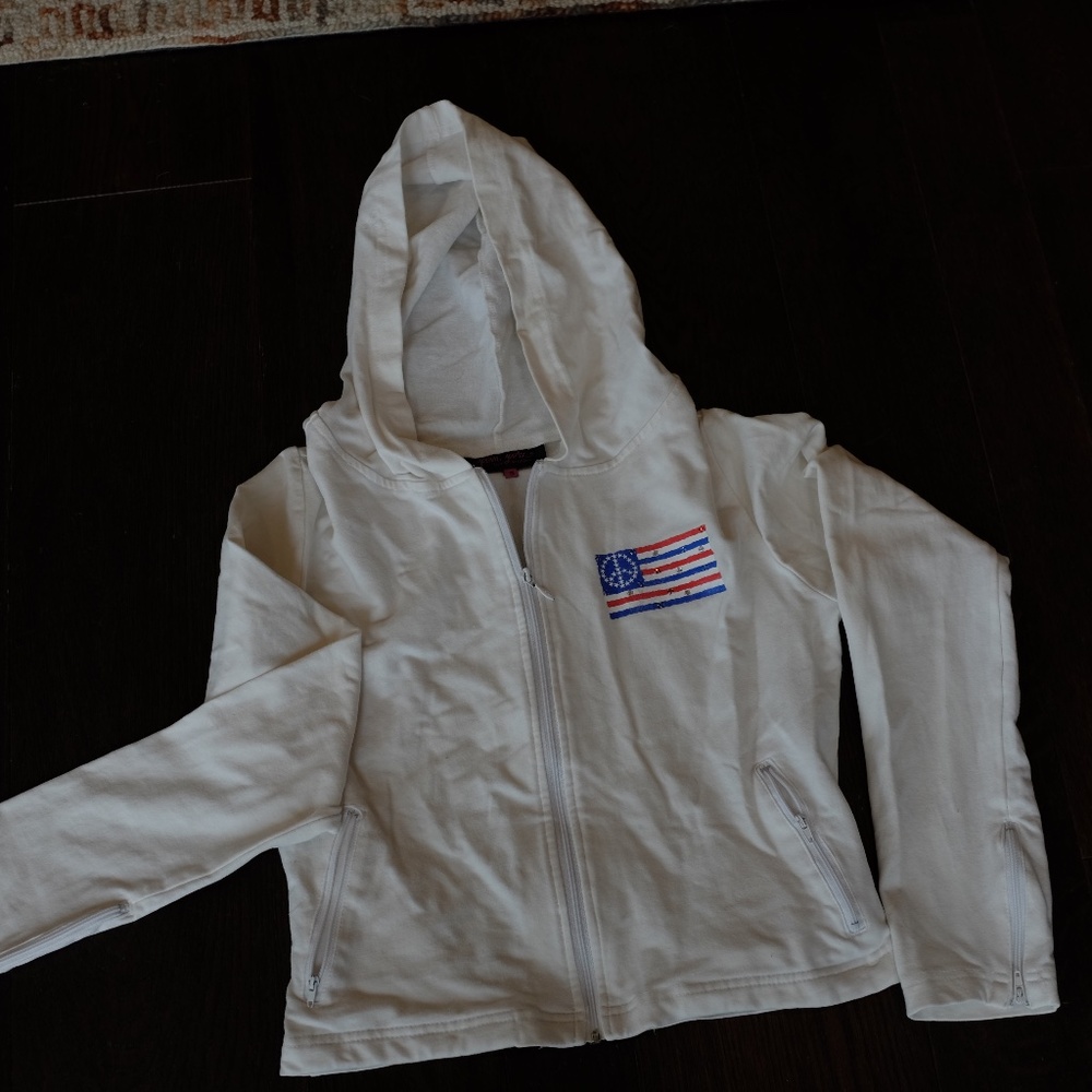 Joomi Joolz White Hoodie Sweater Womens Small Peace American Flag Jeweled